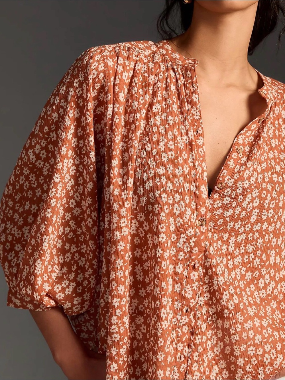 Pilcro Rust Floral Pintuck Button-Front Blouse